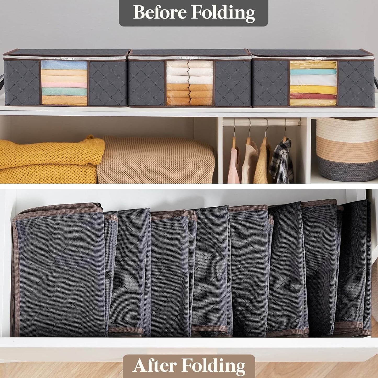 Lifewit 4 Pack Clothes Storage Bag, Foldable Storage Bin Closet Organizer with Reinforced Handle, Sturdy Fabric Blanket Storage with Clear Window, Storage Containers for Clothing, Bedding, Gray