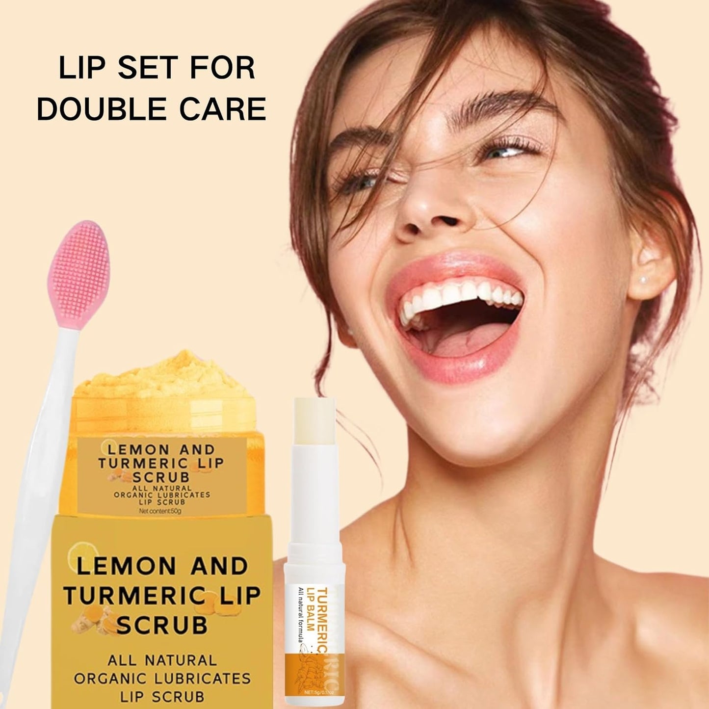 3PCS Turmeric and Lemon Lip Scrub & Turmeric Lip Balm with Brush Set, Eliminate Lip Fine Lines, Lip Scrubber Exfoliator, Natural Nourish Sugar Lip Scrub for Dry, Dull Chapped, Dark Lips