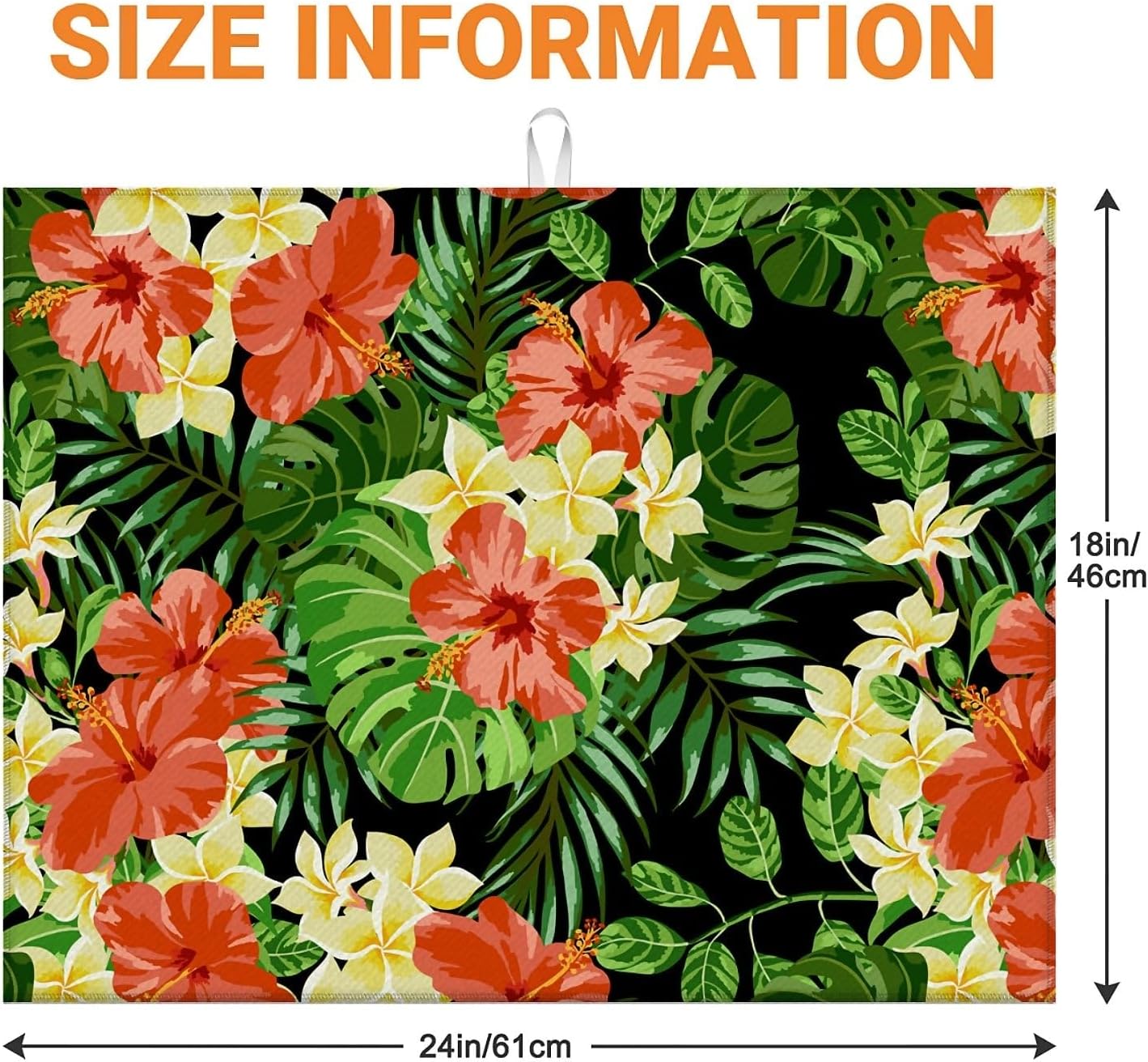 Dish Drying Mat For Kitchen Counter, Tropical Flower On Black Microfiber Absorbent Dish Drainer Rack Pad Reusable Large 18x24in Drying Mat