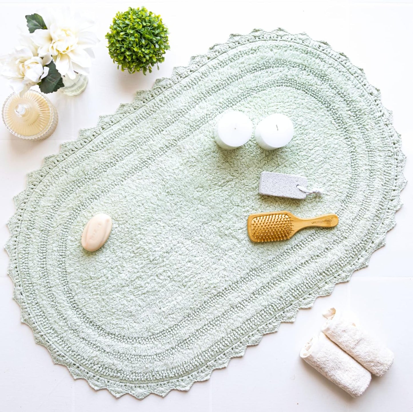 RAJRANG Bath Rug for Bathroom Kitchen Spa with Crochet Cotton Absorbent Soft Reversible Bath Mat Meadow Mist Oval 34x21 Inches