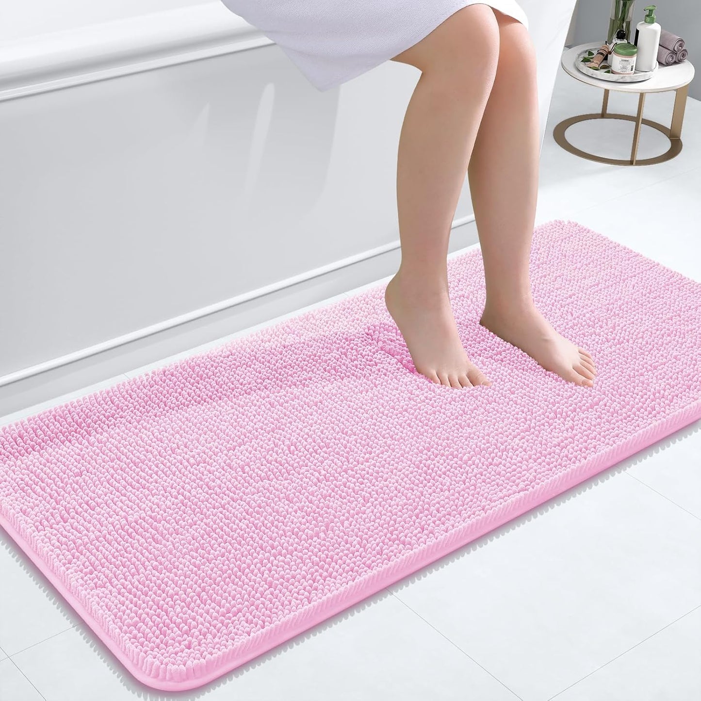 OLANLY Bathroom Rugs 47x20, Extra Soft Absorbent Chenille Bath Rugs, Rubber Backing Quick Dry, Machine Washable Bath Mats for Bathroom Floor, Tub and Shower, Home Decor Accessories, Pink