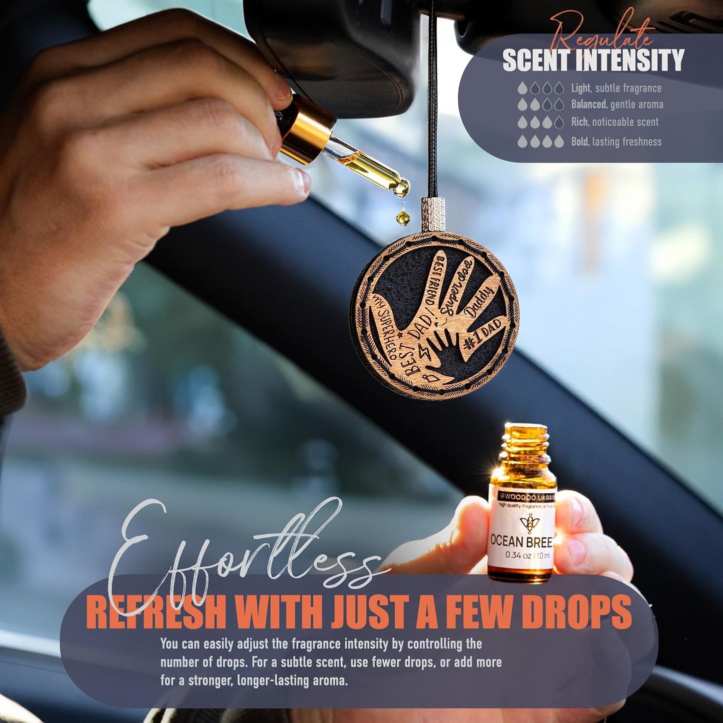 Wood Car Air Freshener — Handcrafted Air Freshener — Father’s Hands Fragrance Oil Diffuser in Wooden Gift Box — Christmas Gift for Car with Ocean Breeze Scent Fragrance Oil - 10 ml