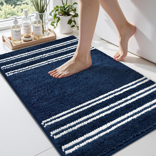 Bathroom Rugs 24x36 Extra Soft Absorbent Bath Mat Chenille Non Slip Shower Mat Rubber Backing Machine Washable Bath Mats for Bathroom Shaggy Blue Bath Rugs for Tub, Hallway