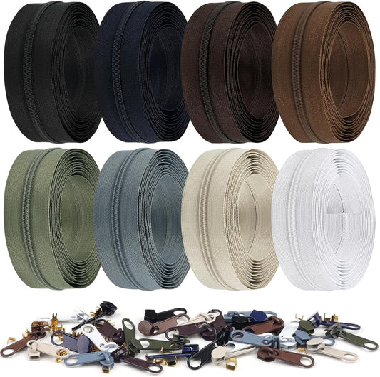 DOITEM 24 Yards 8 Pieces Sewing Zippers #3 Nylon Coil Zippers Assorted Zipper for Sewing with 32 Zipper Sliders for DIY Tailor Sewing Crafts Supplies, 8 Color
