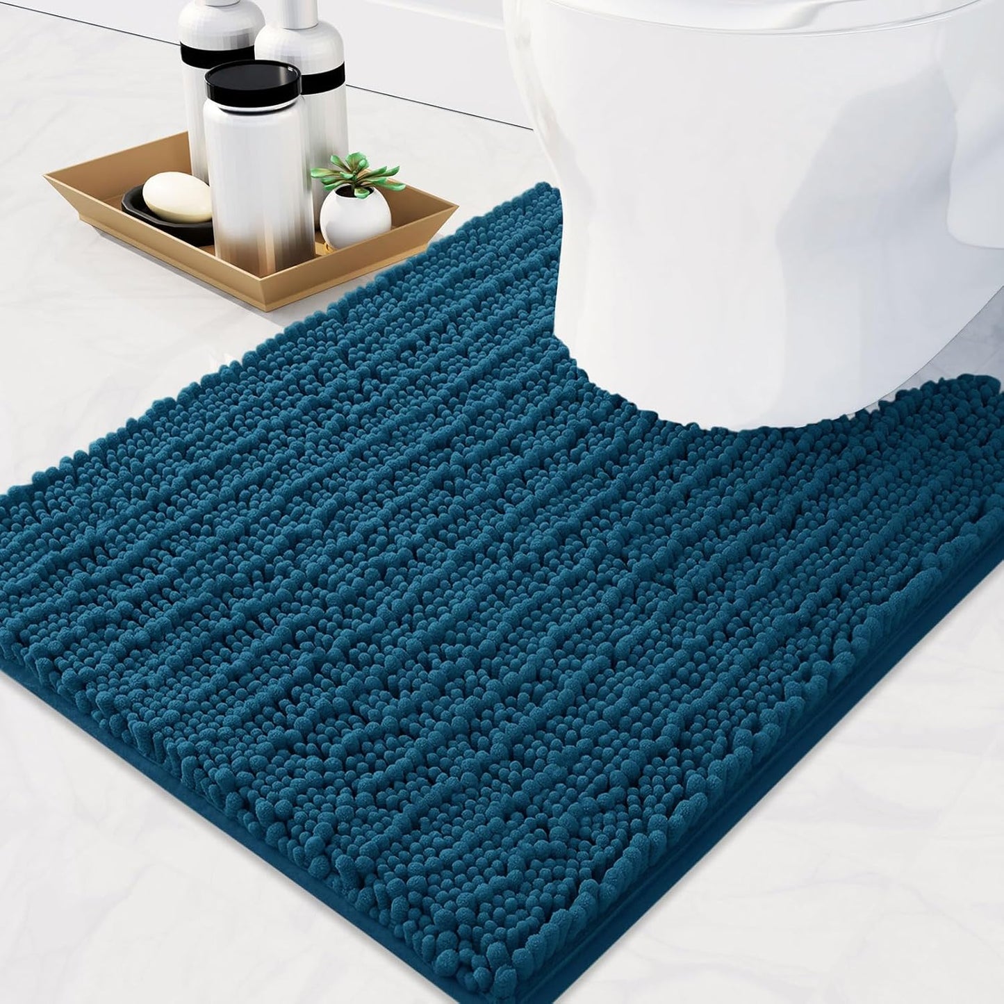 Arotive Luxury Chenille Toilet Rugs U-Shaped, Extra Soft Thick Absorbent Bathroom Mat, Non-Slip Shaggy Plush Contour Rugs, Machine Wash Dry Bath Mat for Toilet Base, 24x20, Peacock Blue