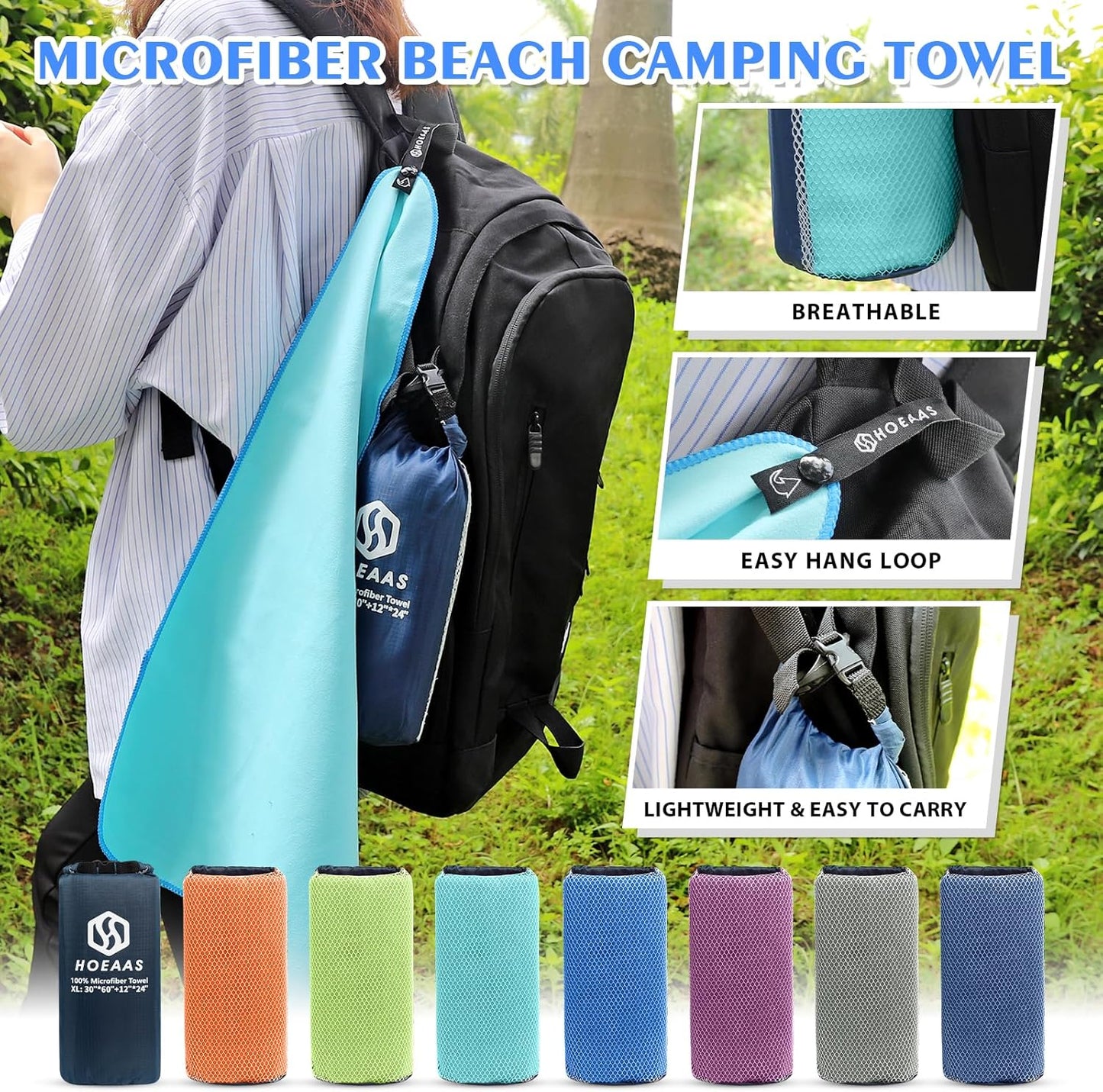 HOEAAS 2 Pack Microfiber Camping Towels, Quick Dry Towel, Super Absorbent Ultra Compact Travel Towel Soft Lightweight Sports Towel for Sweat Fast Drying Towels for Pool,Gym,Hiking,Backpacking,Fitness