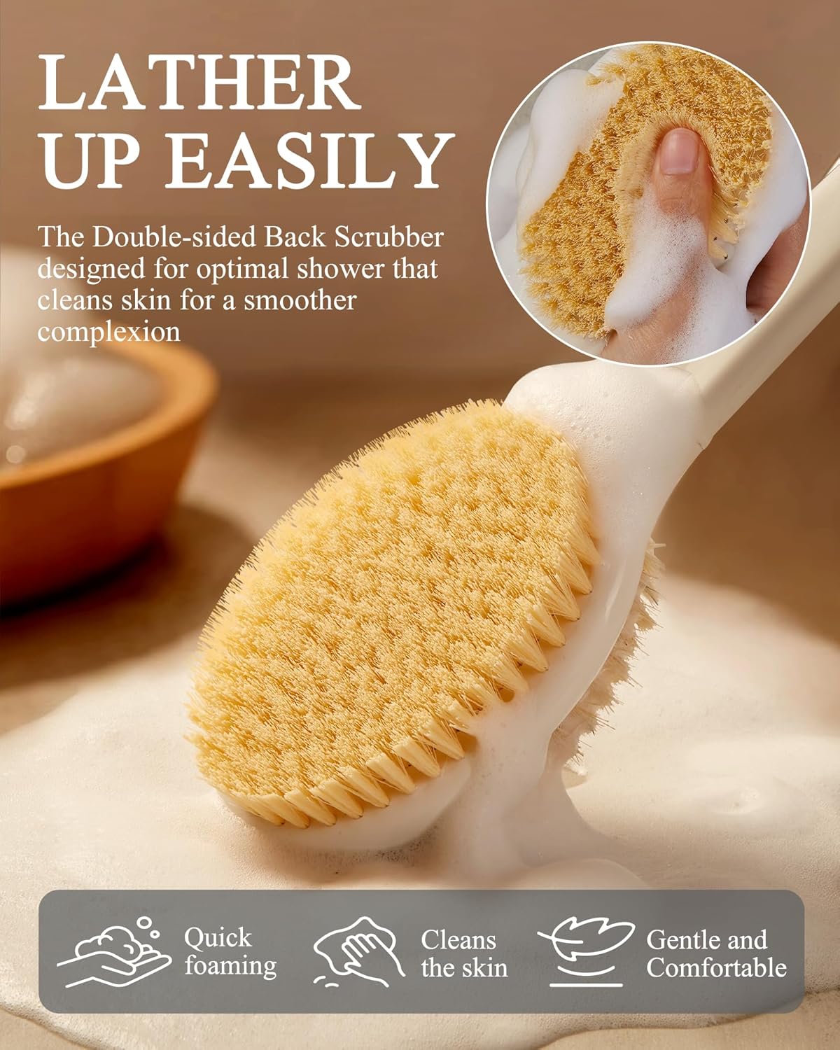 Shower Brush for Massage Dry Brushing: Back Scrubber for Shower with 18.1 in Anti Slip Long Handle - Bath Body Brush for Lymphatic Drainage, Exfoliator Improving Skin Health for Women Men Elderly Grey