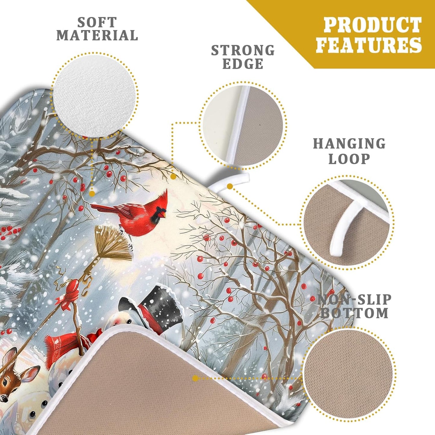 Winter Snowman Dish Drying Mat for Kitchen Counter Red Bird Berry Dishes Drainer Mats Holiday Microfiber Absorbent Dish Rack Pad 16x18 Inch