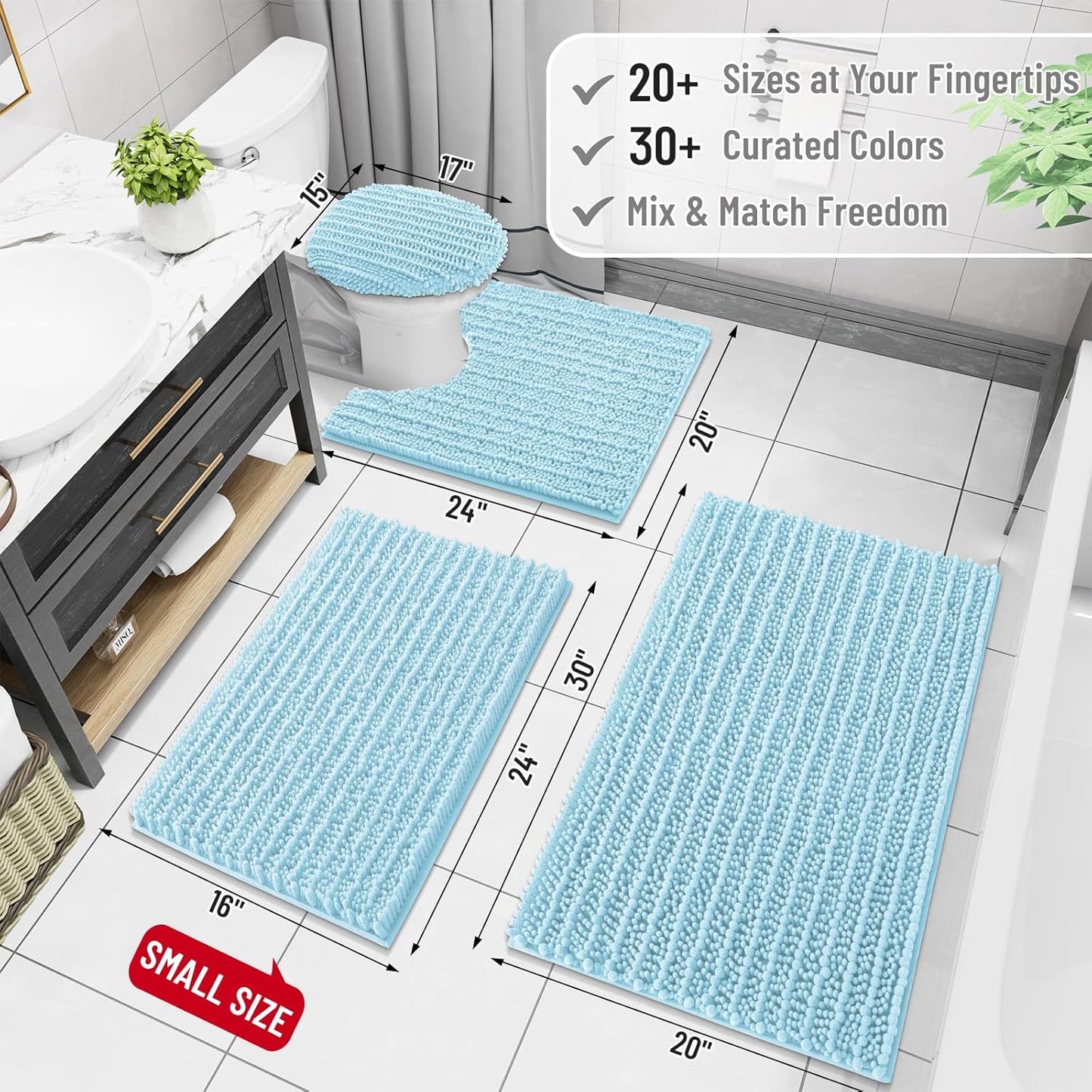 Arotive Luxury Chenille Bathroom Rug Mat, Extra Soft Thick Absorbent Shaggy Bath Rugs, Non-Slip Machine Wash Dry, Plush Bath Mats for Bathroom, Shower and Tub, 34x21, Blue