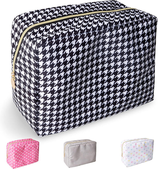 Nylon Large Makeup Bag Black Houndstooth Travel Pouch for Women, Big Preppy Makeup Bag Cute Cosmetic Zipper Pouch Purse, Waterproof Toiletry Bag Clutch Makeup Organizer for Girls(Black Houndstooth)