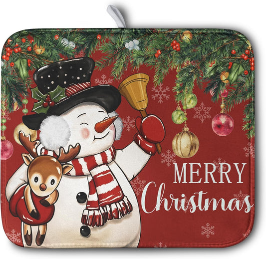 Christmas Dish Drying Mats for Kitchen Counter 16x18 Cute Snowman Red Dish Drying Pad for Dishes Winter Xmas Holiday Dish Draining Mat Absorbent Microfiber Dish Drainer Rack Mats