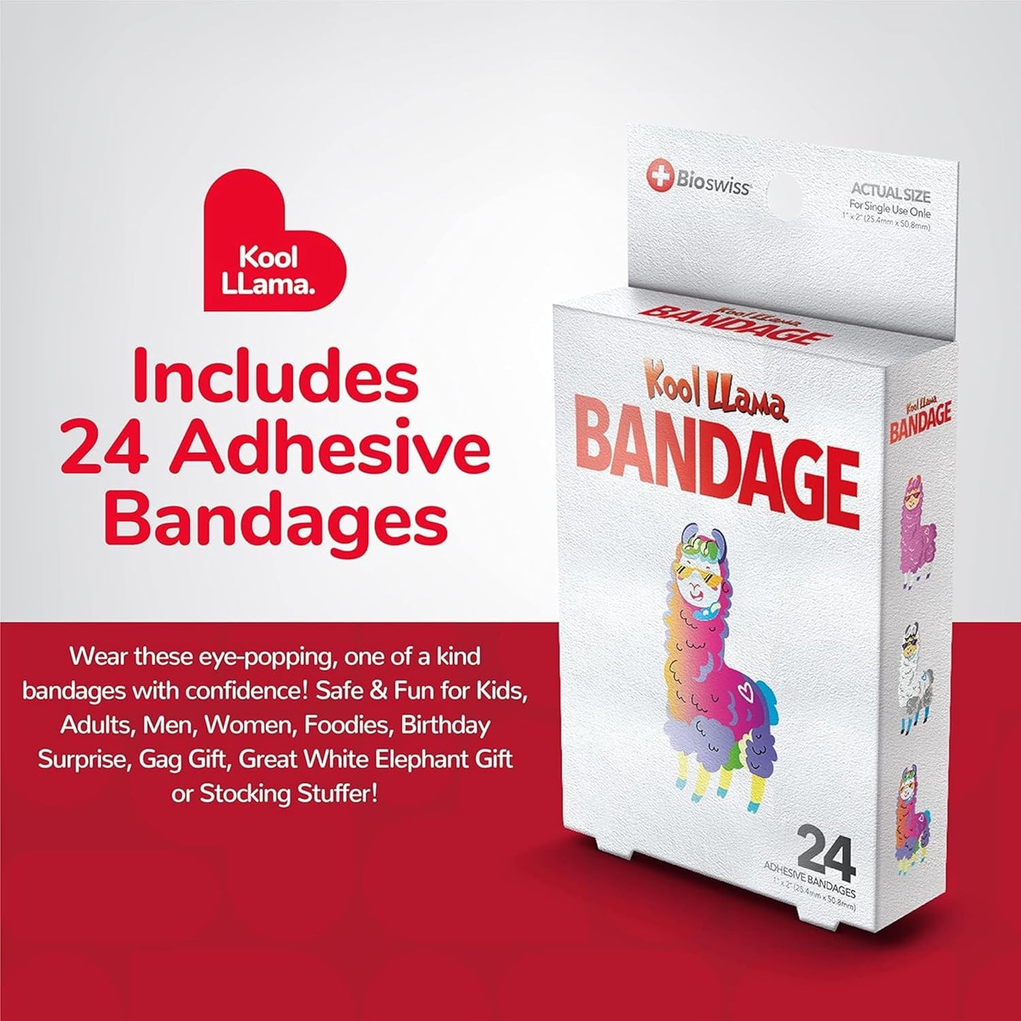 BioSwiss Kids Bandages, Llama Shaped Self Adhesive Bandage Set, Latex Free, Sterile Wound Care, 24 Count