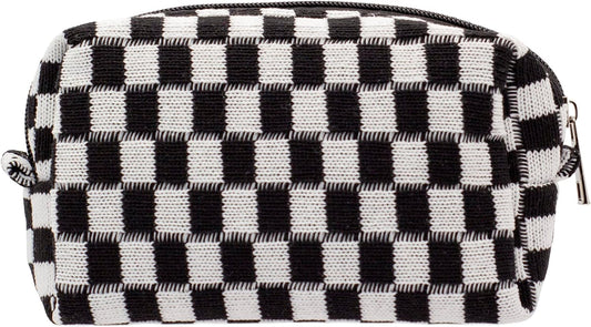 PAZIMIIK Checkered Makeup Bag for Purse Portable Zipper Make Up Pouch Small Cosmetic Case for Travel Accessories (Black)