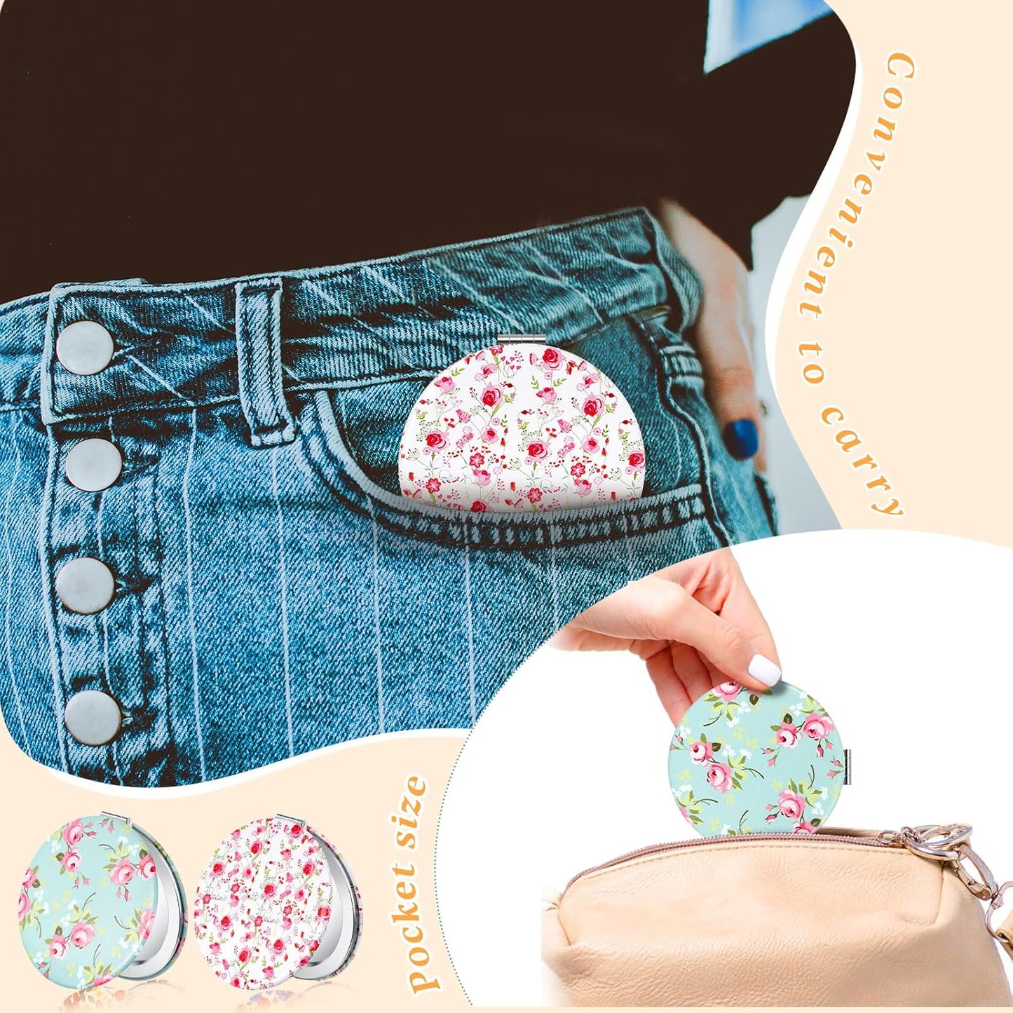 Vicenpal 6 Pieces Rose Pattern Pocket Mirrors for Women Small Mini Compact Mirror for Purse Magnifying Travel Makeup Portable Folding Small Looking Glass Gift for Students Teacher Friend