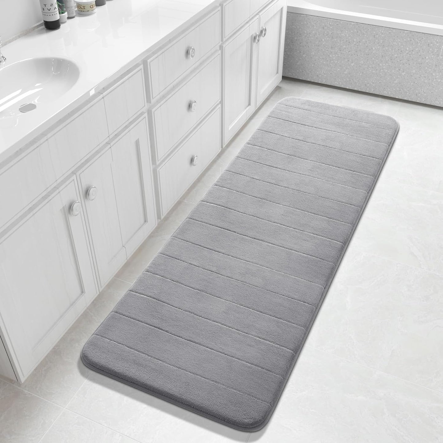 Yimobra Bathroom Runner 60"x24", Non Slip Memory Foam Bath Mat, Super Soft Water Absorbent Hallway Carpet, Machine Washable Rug for Vanity Tub Shower, Gray