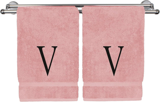 Monogrammed Hand Towel, Personalized Initial Gift, Extra Absorbent 100% Turkish Cotton - Soft Terry Finish - Set of 2 - Black Block Initial V - Embroidered on Pink Towels