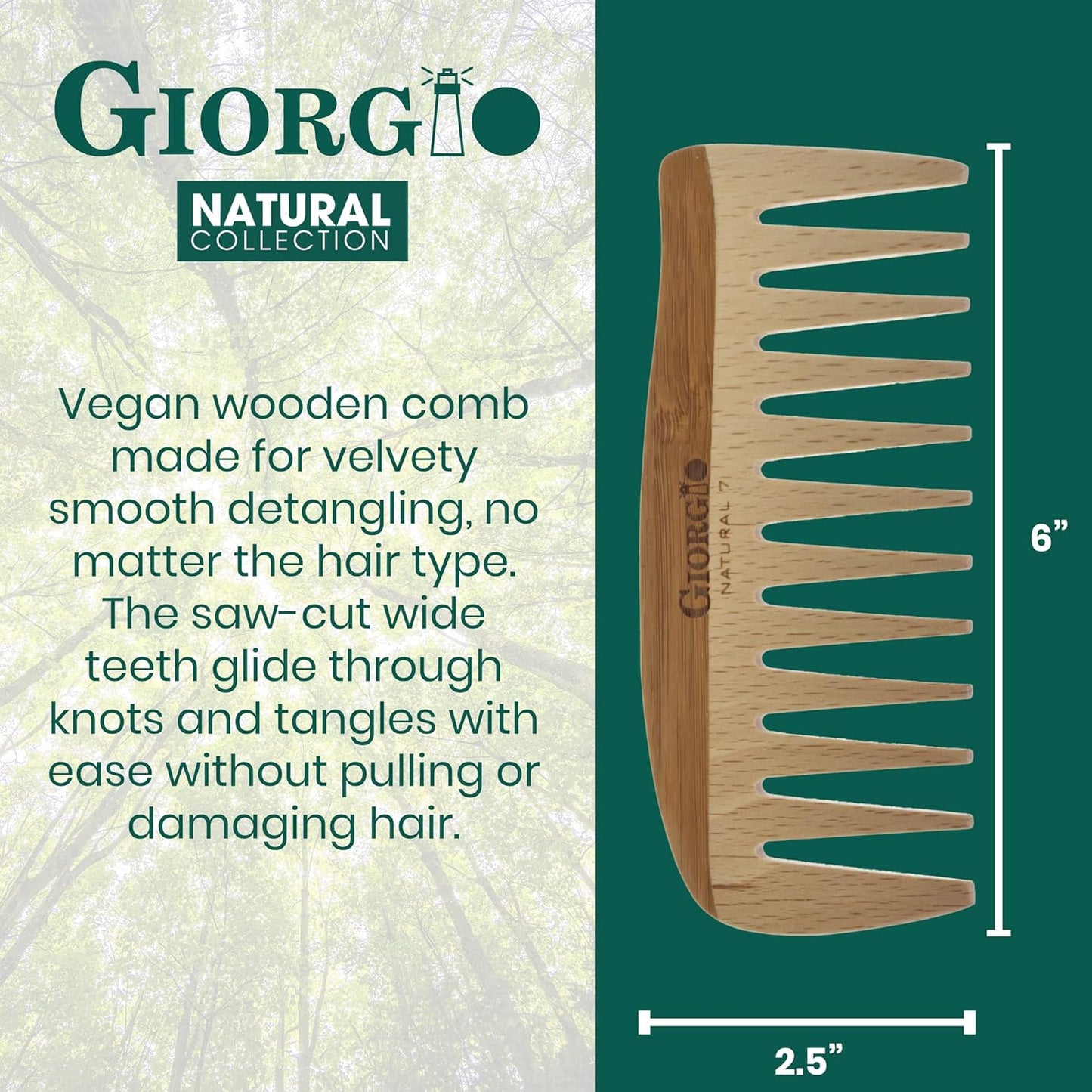 Giorgio GIONAT7 Large Natural Wooden Comb - Detangler Wide Tooth Comb for Curly, Long, and Thick Hair - Bamboo and Beechwood Organic Hair Comb