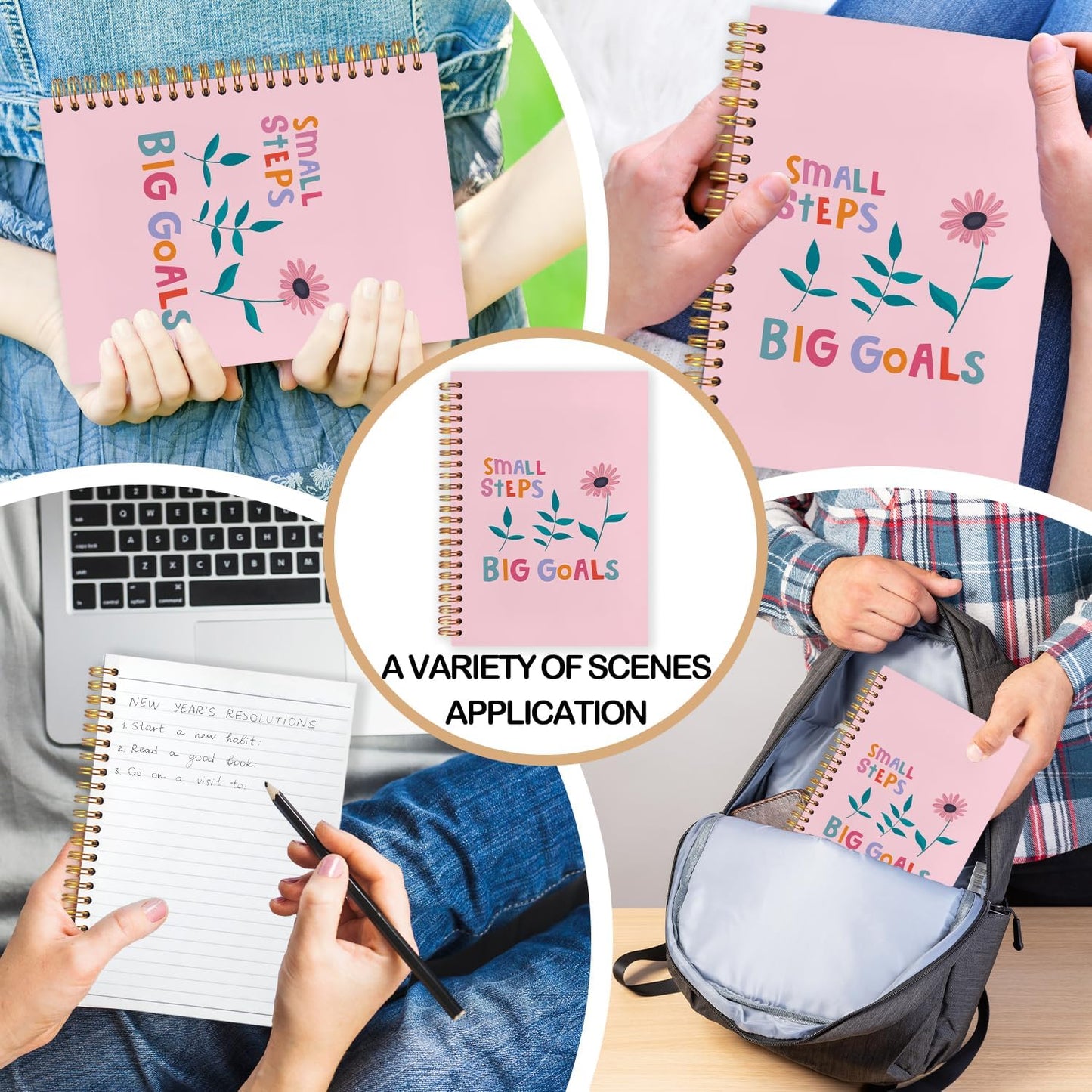 Pink Floral Inspirational Spiral Journal Notebook 5.5x8.3in, Small Steps Big Goals Mental Health Journal for Women, Motivational Notebooks for Note Taking, Pink Flower Hardcover Notebook