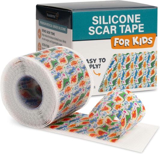 NUVADERMIS Silicone Scar Tape for Kids - Scar Tape for Surgical Scars - 120" x 1.5" Roll - Reusable Medical Grade Silicone Scar Tape for Children - 1 Pack - Dinosaurs