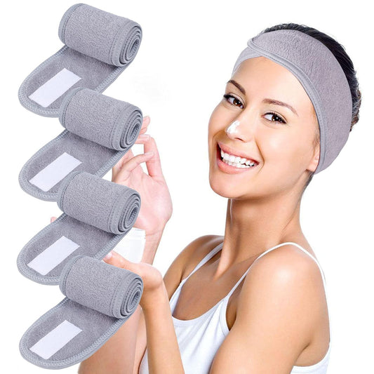 Facial Spa Headbands 4 PCS , Makeup Shower Bath Wrap Sport Headband Terry Cloth Stretch Towel with Magic Tape (Gray)