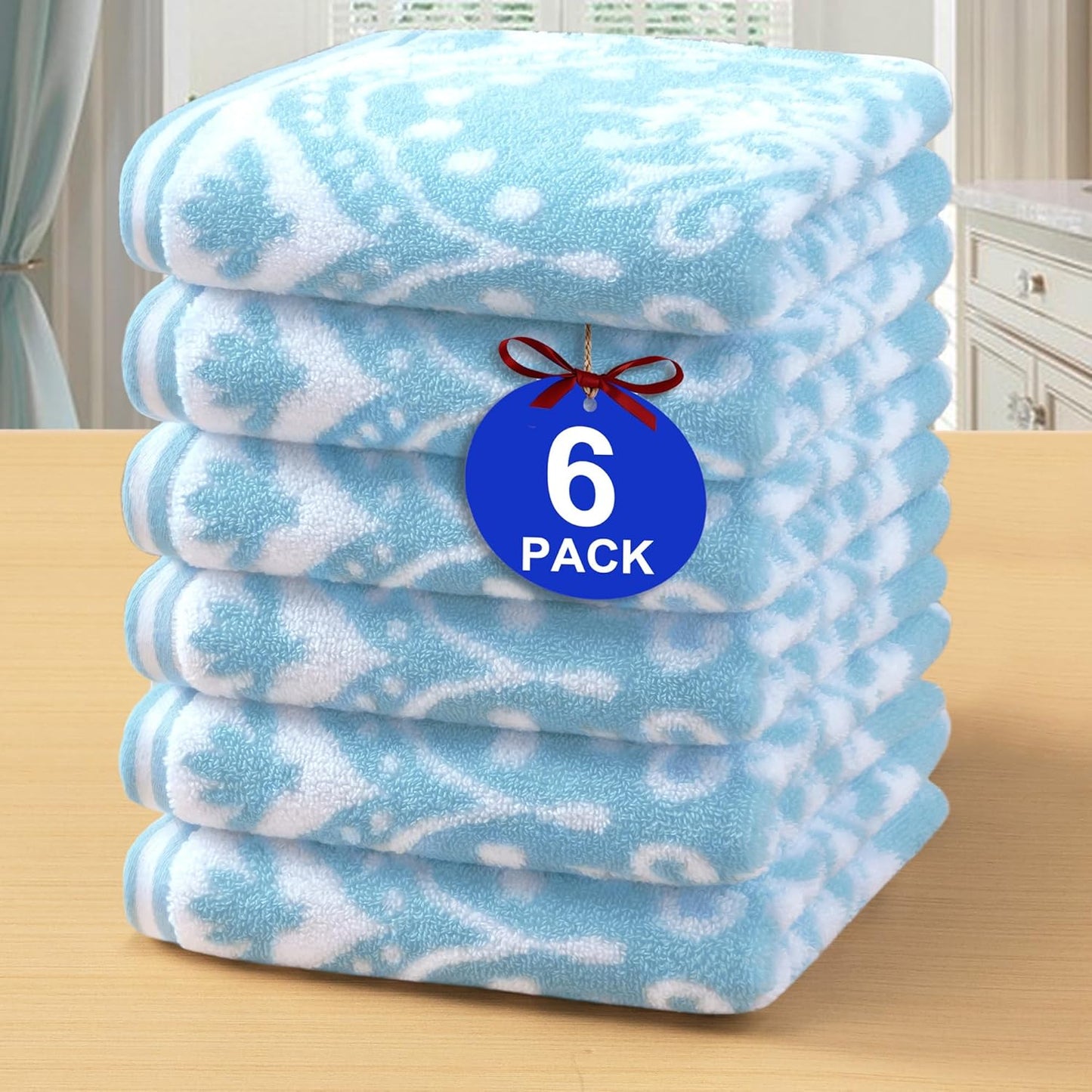 Cotton Wash Cloths for Showering (6PC, 13"x13") - Quick Dry | Thick | Absorbent, Soft Face Towels for Bathroom, Damask Jacquard Washcloth Set, Bathroom Decor & Home Essentials, Aqua and White