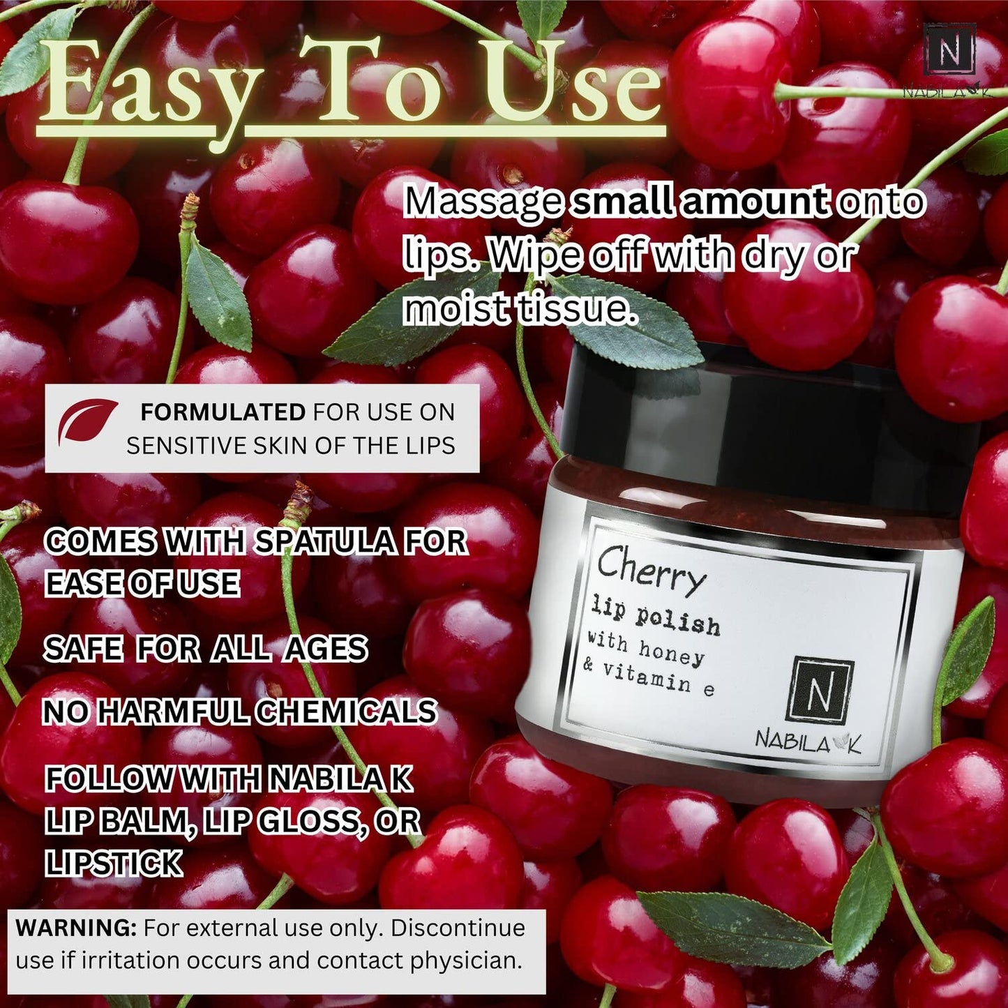 Cherry Lip Polish, 1 oz by Nabila K - Hydrating Lip Exfoliator & Moisturizer with Honey and Vitamin E for Dry and Chapped Lips - Cruelty-Free, Real Sugar, Made in USA