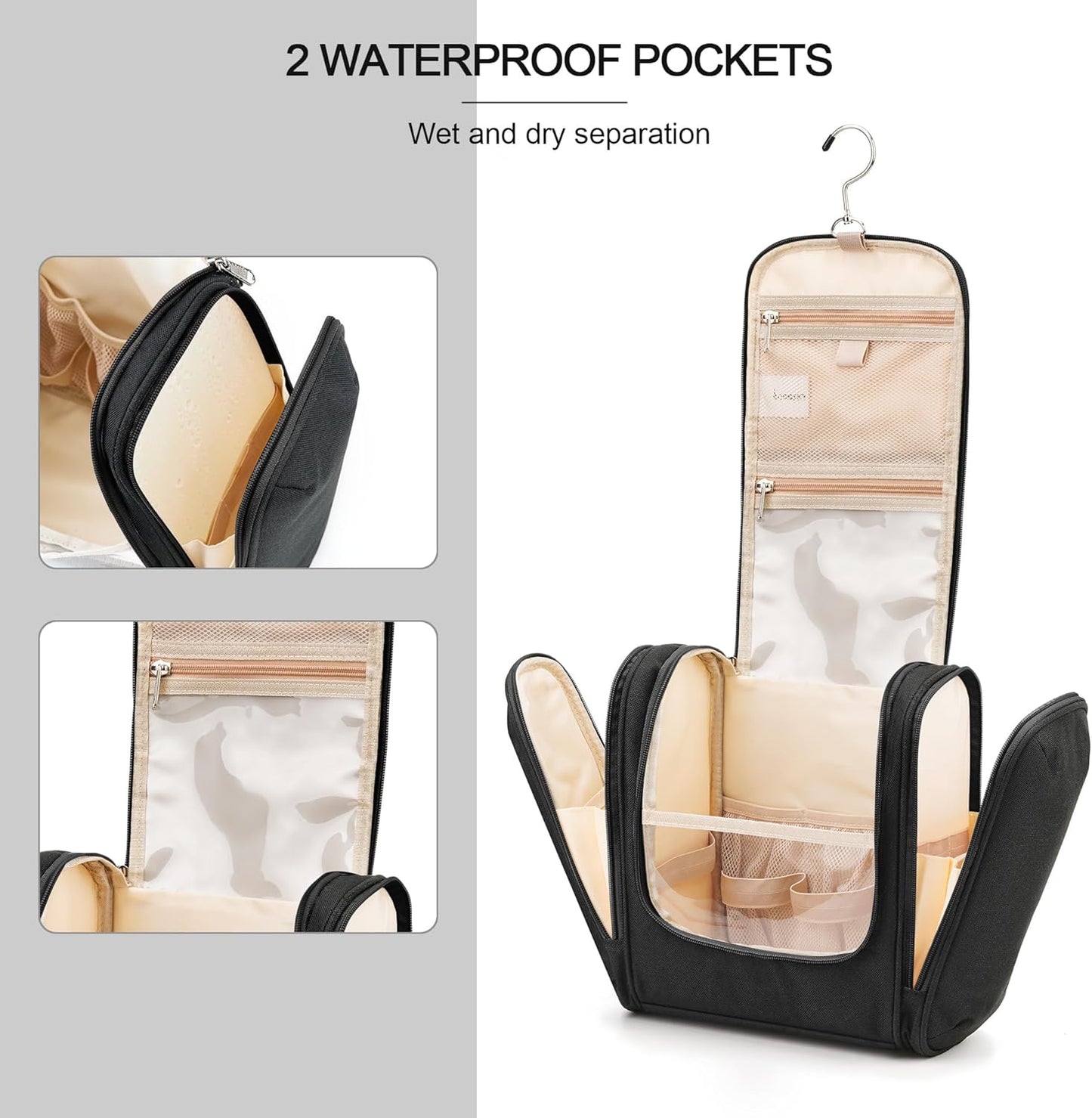 Travel Hanging Toiletry Bag for Women and Men, 6 Organizer Compartments, Holds Full Size Bottles, Extra Large Cosmetic Accessories, Makeup essentials, Bathroom Water-resistant Toiletries Bag, Black