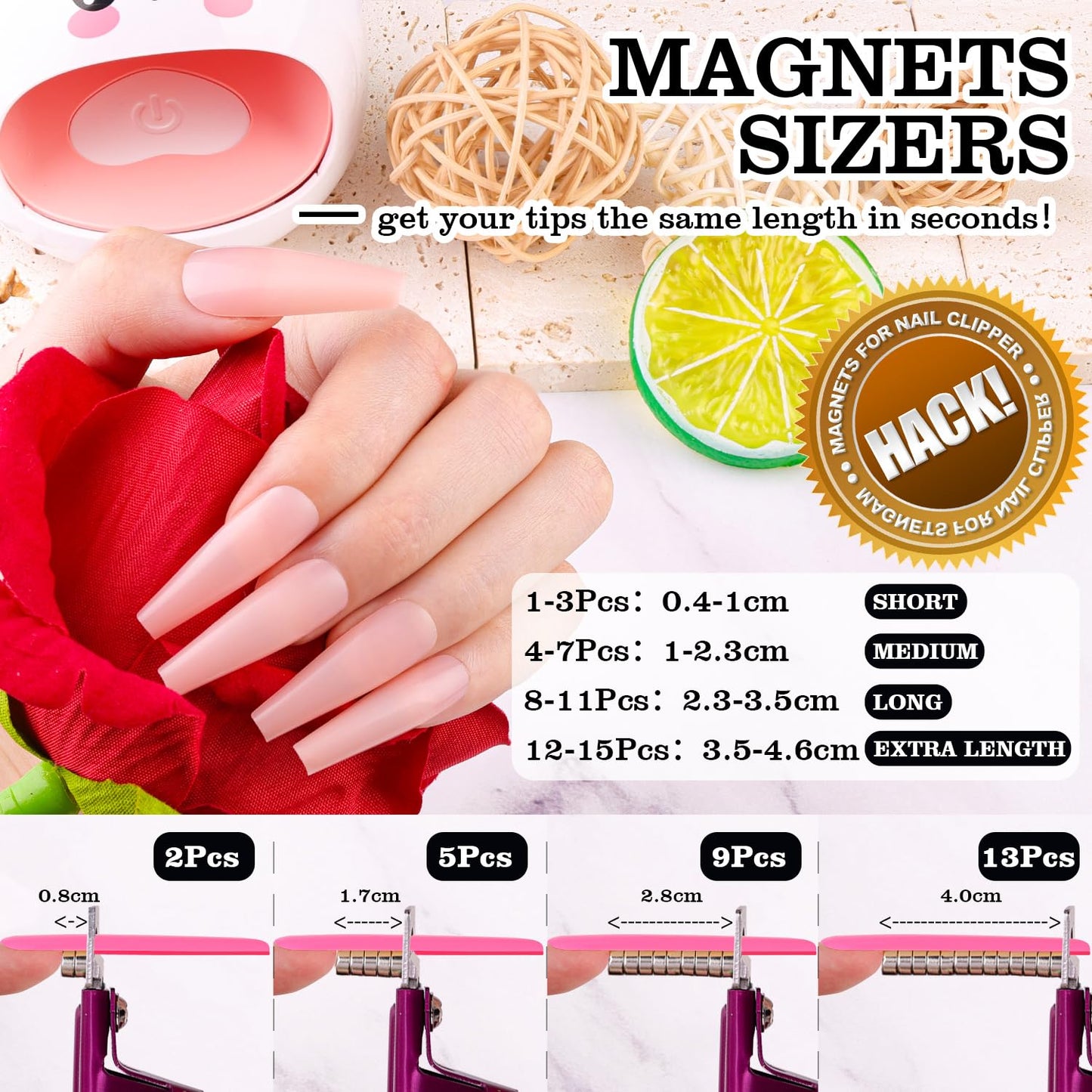 Violet Red Premium Adjustable Nail Clippers with Magnets Sizers for Acrylic Nails, Stainless Steel Nail Cutter Trimmer for Artificial Fake False Tips Manicure Sharp Blade Clip Tool for Salon Beauty