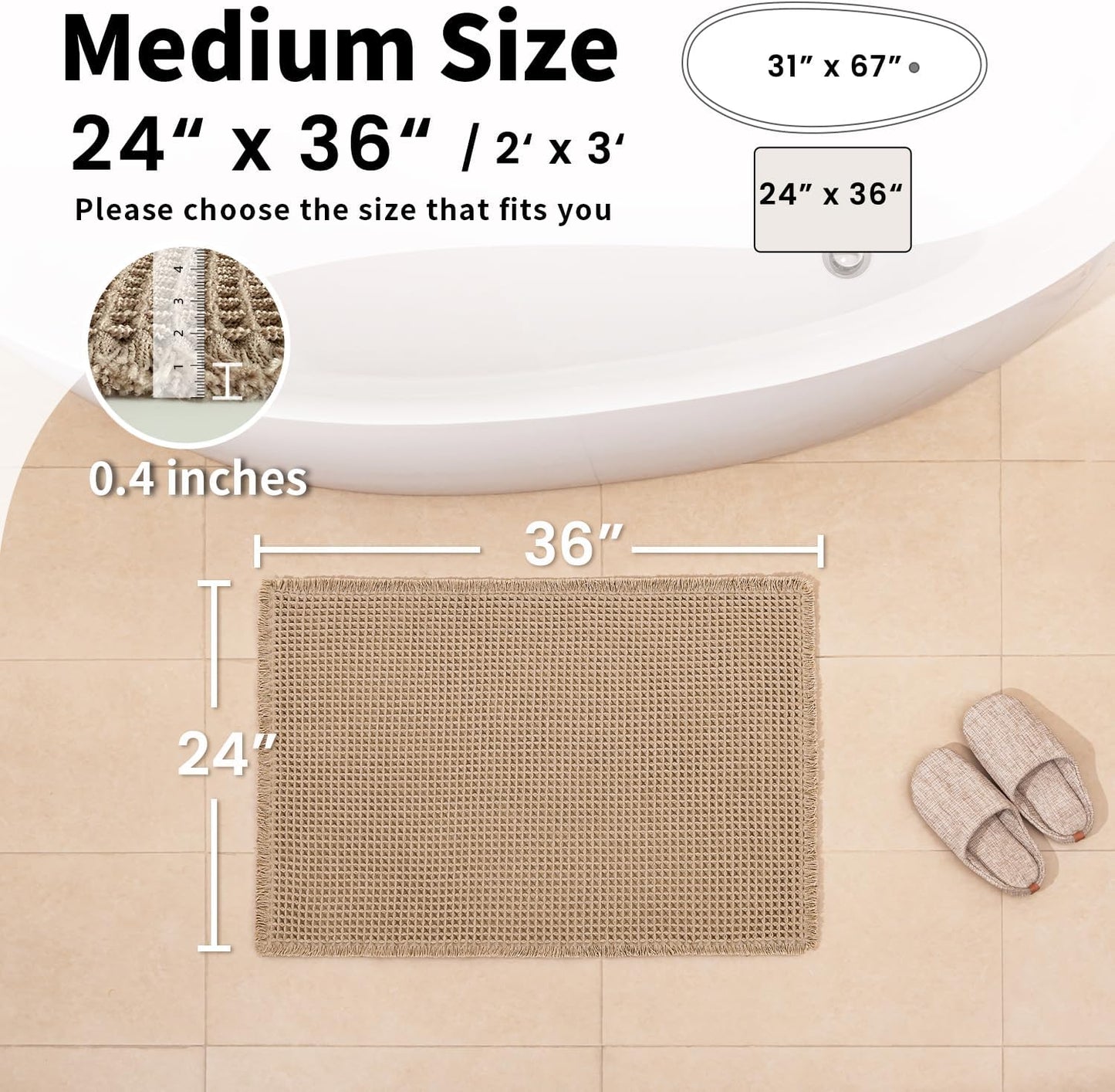 Waffle Bath Mat - Boho Bathroom Rugs Non Slip Washable, Super Absorbent & Quick Dry, Soft Bath Mat Farmhouse Bathroom Decor, 24'' x 36'', Khaki