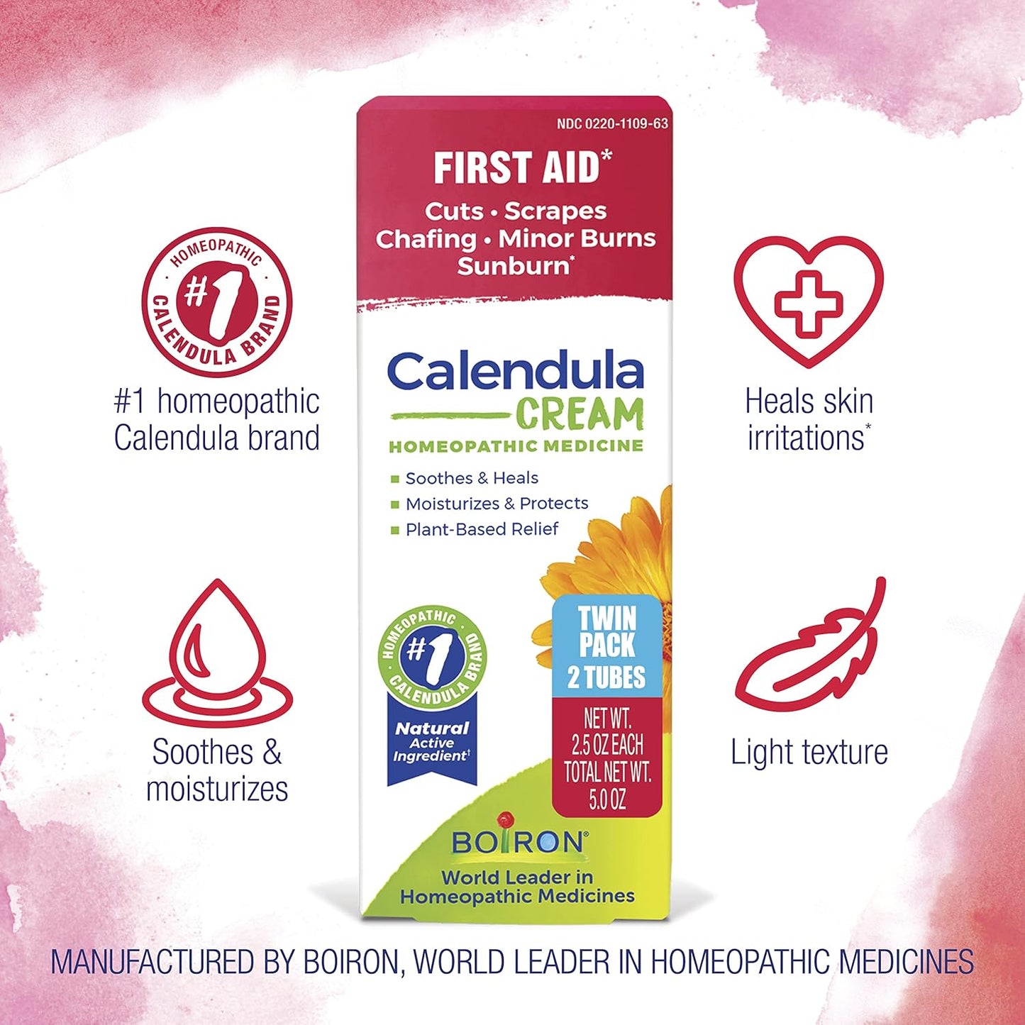 Boiron Calendula Cream for Relief from Rashes, Skin Irritations, Razor Burn, Insect Bites, or Sunburns - Non-Greasy and Fragrance-Free - 5 oz (2 Pack of 2.5 oz)