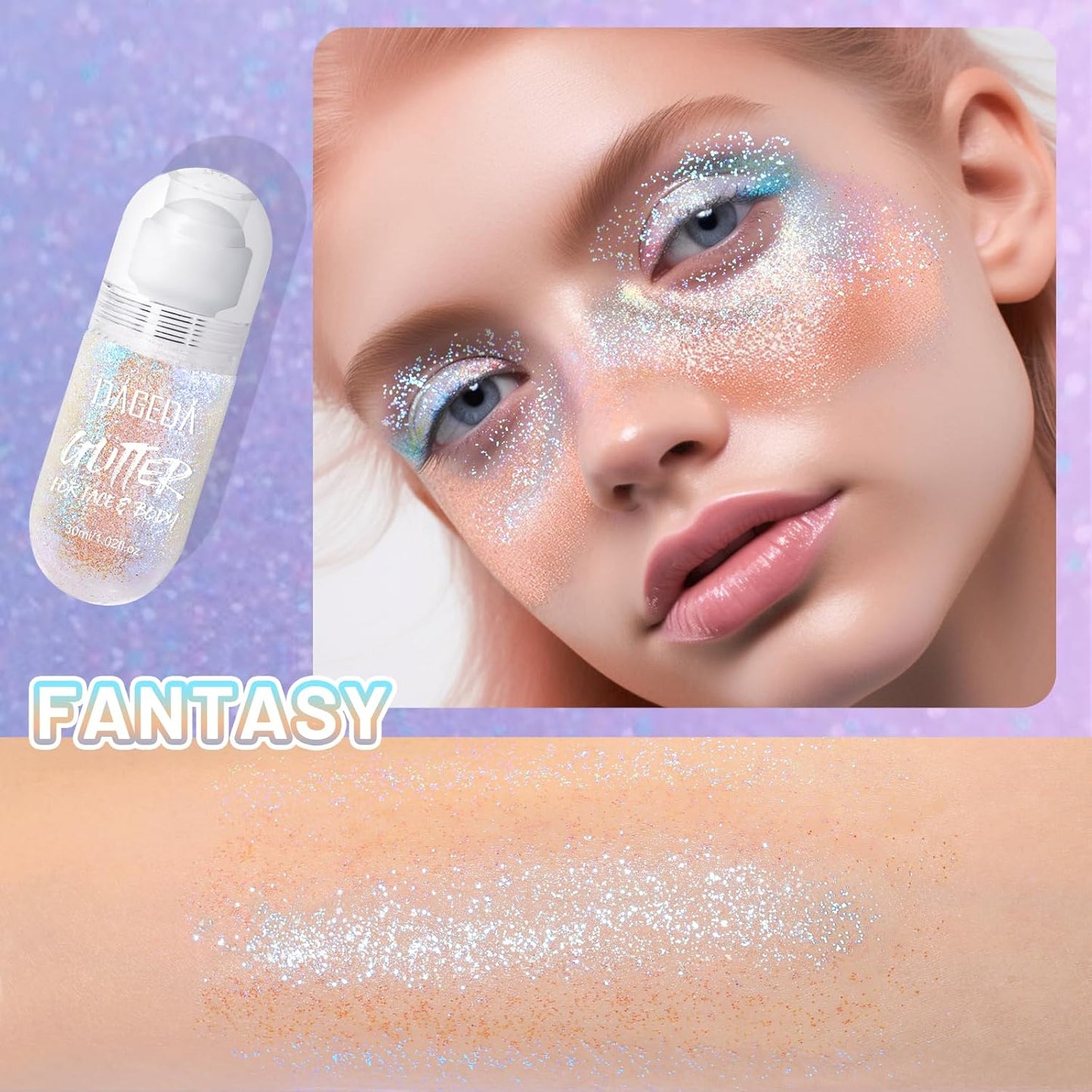 DAGEDA Body Glitter Gel, Roll-on Face Glitter for Mermaid Makeup Festival Rave Accessories, Holographic Hair Glitter Gel,Body Shimmer Halloween Makeup for Rave Party(Fantasy)