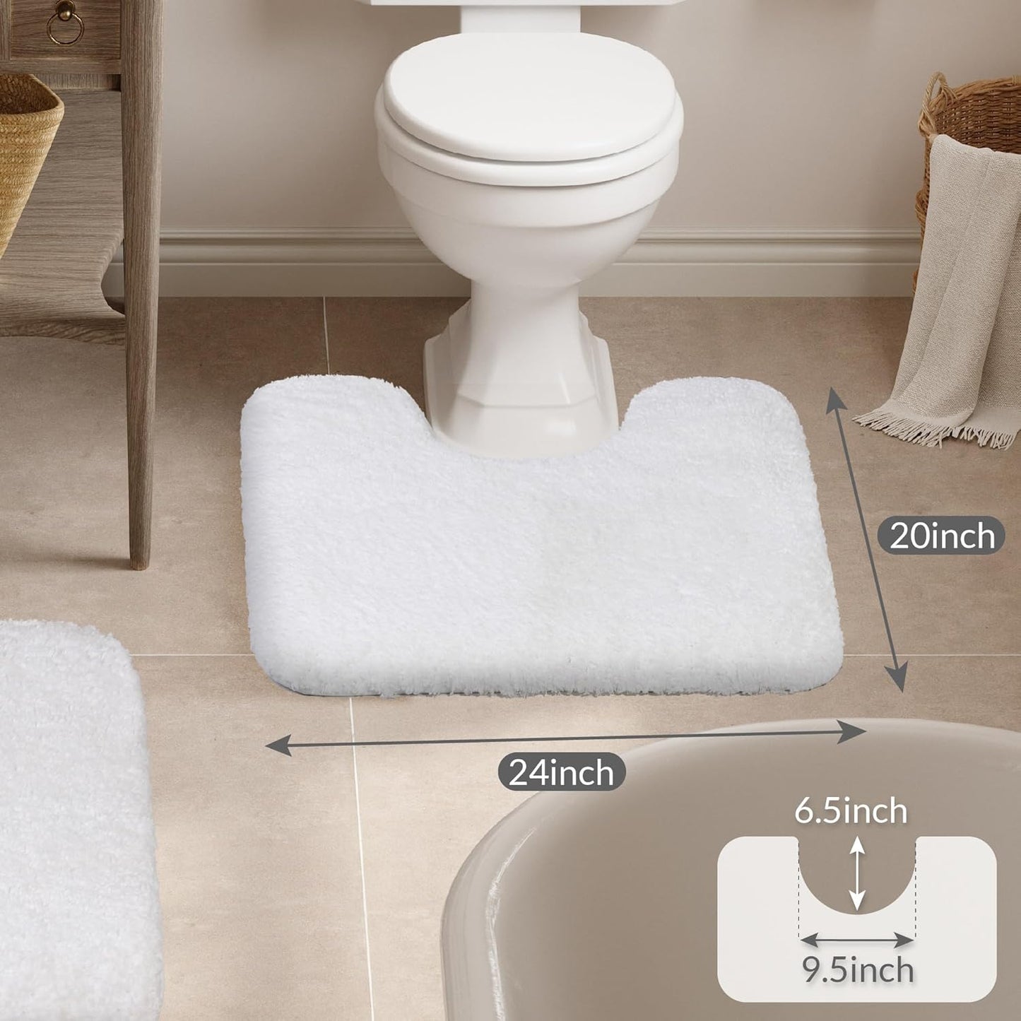 Walensee Contour Rug (20x24, White) Non Slip Bath Mat for Bathroom, Water Absorbent Soft Microfiber Shaggy Mat, Machine Washable U Shape Toilet Rug