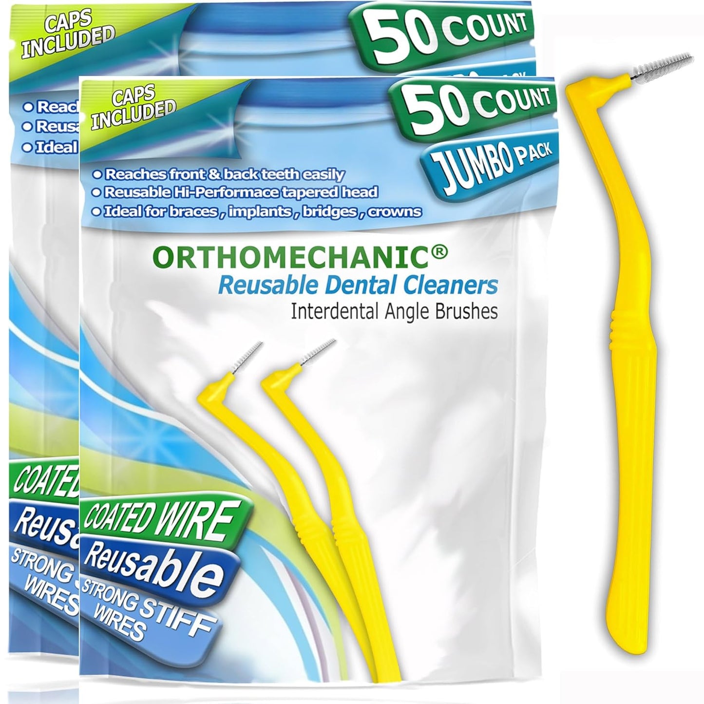 Reusable Interdental Angle Brushes Jumbo Pack - Remove Plaque - Toothpick (Wide - Yellow - 50 Count Pack of 2)