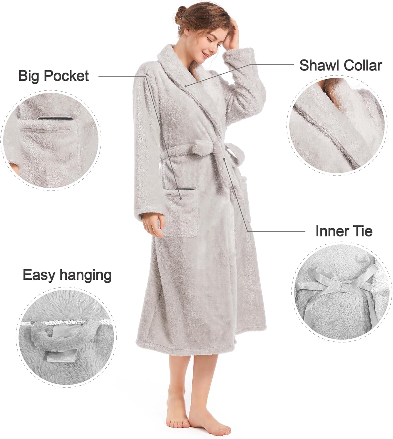 Inner Wish Womens Plush Fleece Robe, Cozy Warm Bathrobe Fuzzy Female Spa Robe With Pockets