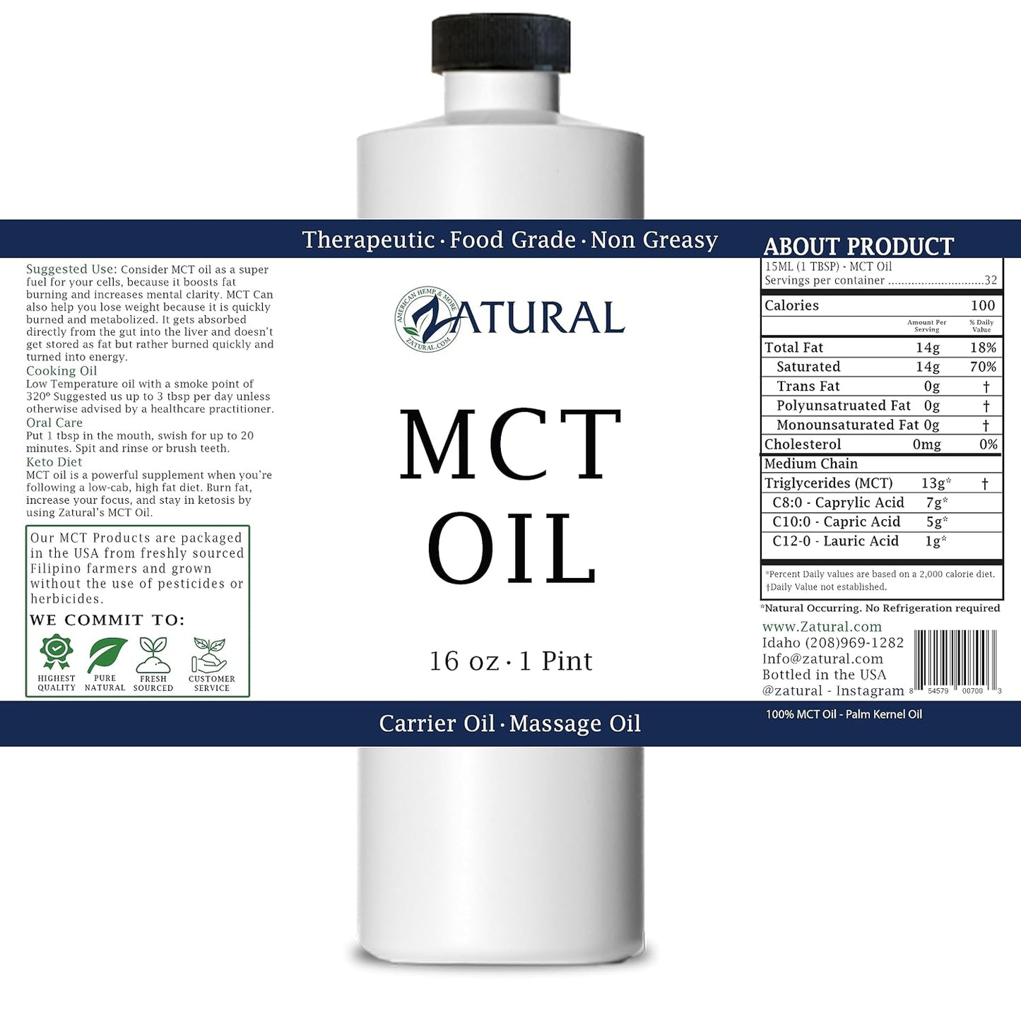Pure MCT Oil, Carrier Oil, Massage Oil, Hydrating Oil, Hair Oil, Food and Therapeutic Grade, 16 Oz