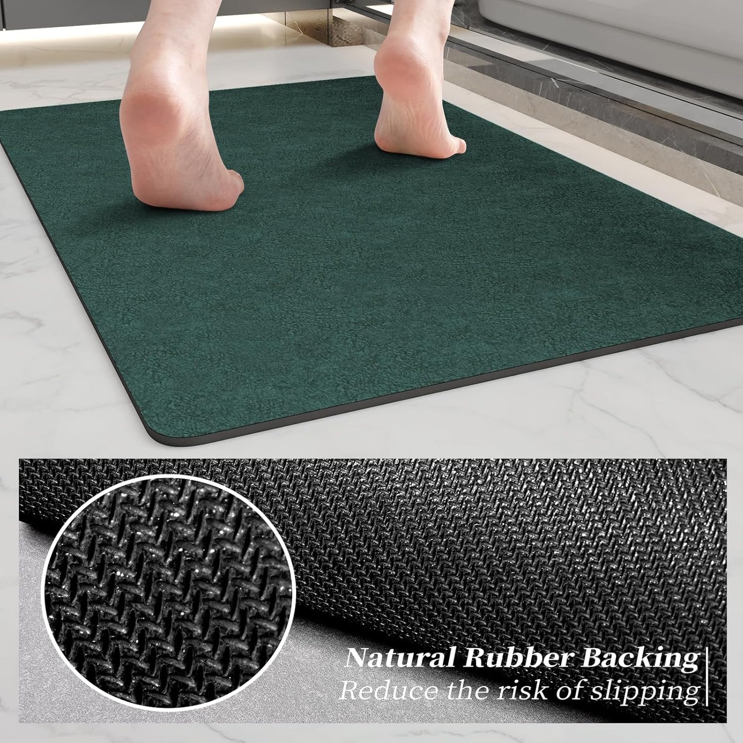 Bathroom Mat Rugs 47x17, Long Diatomaceous Earth Bath Mat Large Quick Dry Bath Mat Non Slip Rubber Backed Super Absorbent Shower Mat, Thin Bathroom Runner Rugs Floor Mat Fit Under Door, Dark Green
