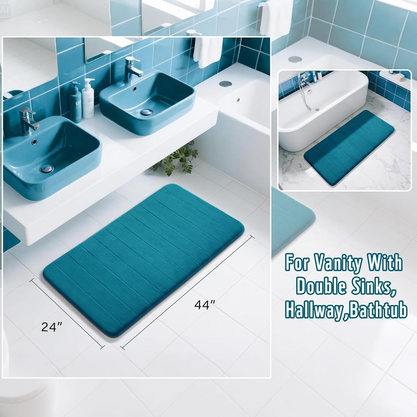 Yimobra Long Bath Mat 44"x24", Super Soft Quick Dry Memory Foam Bathroom Rug, Water Absorbent, Non Slip Backing Machine Washable for Tub Shower, Thick Comfort Support, Peacock Blue
