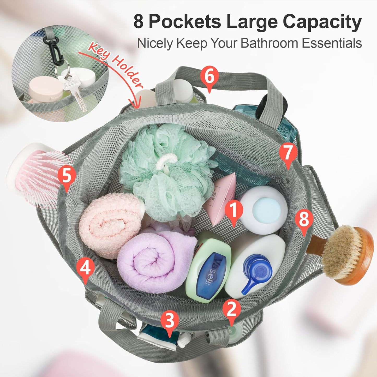 F-color Mesh Shower Caddy Portable with Drawstring - Upgrade Deeper 7 Pockets Dorm Room Essentials for Guys Girls with S Hook, Shower Bag Basket Tote for College Camping Toiletry Bathroom, Grey