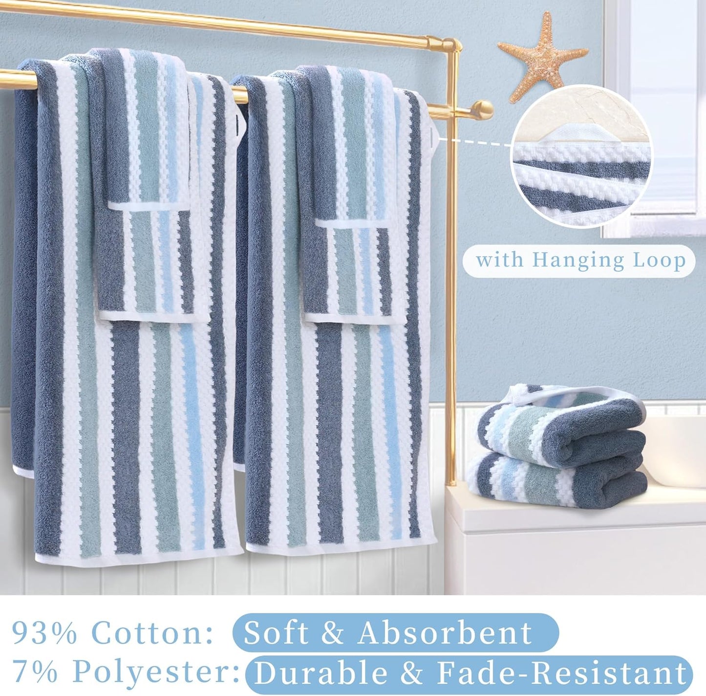 Waffle Towels for Bathroom - Quick Dry | Thick | Lightweight | 500GSM, 2 Large Bath 28"x52", 4 Hand 16"x27", Cotton Polyester Blend Towels, Shower Towel with Hanging Loops, Blue Gray Stripe and White