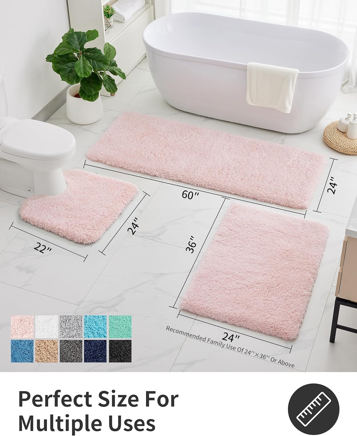 ILANGO Pink Bathroom Rugs 48" × 24" Non Slip & Super Absorbent Extra Thick Soft, Washable Bath Mat for Floor, Microfiber Plush Shaggy Bath Rug with Rubber for Bathtub Shower Room Sink