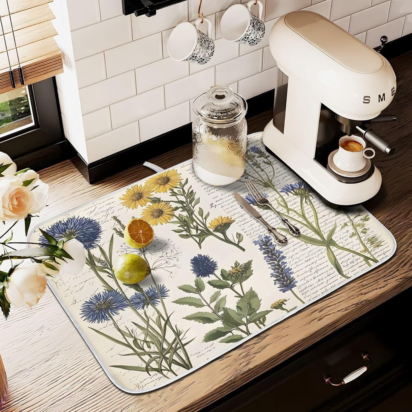 Page Wildflower Vintage Dish Drying Mats for Kitchen Counter, 18x24 inch Drying Dishes Absorbent Microfiber Dish Drainer Mat Rack Pad Fast Dry