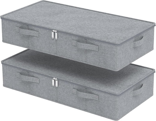 Underbed Storage Bin, Foldable Under Bed Flat Baskets Organizer, Container boxes with Lid for Organizing Clothes, Sheets, Blankets, Comforter, 31.4x15.7x5.9in, Grey, 2 Pack