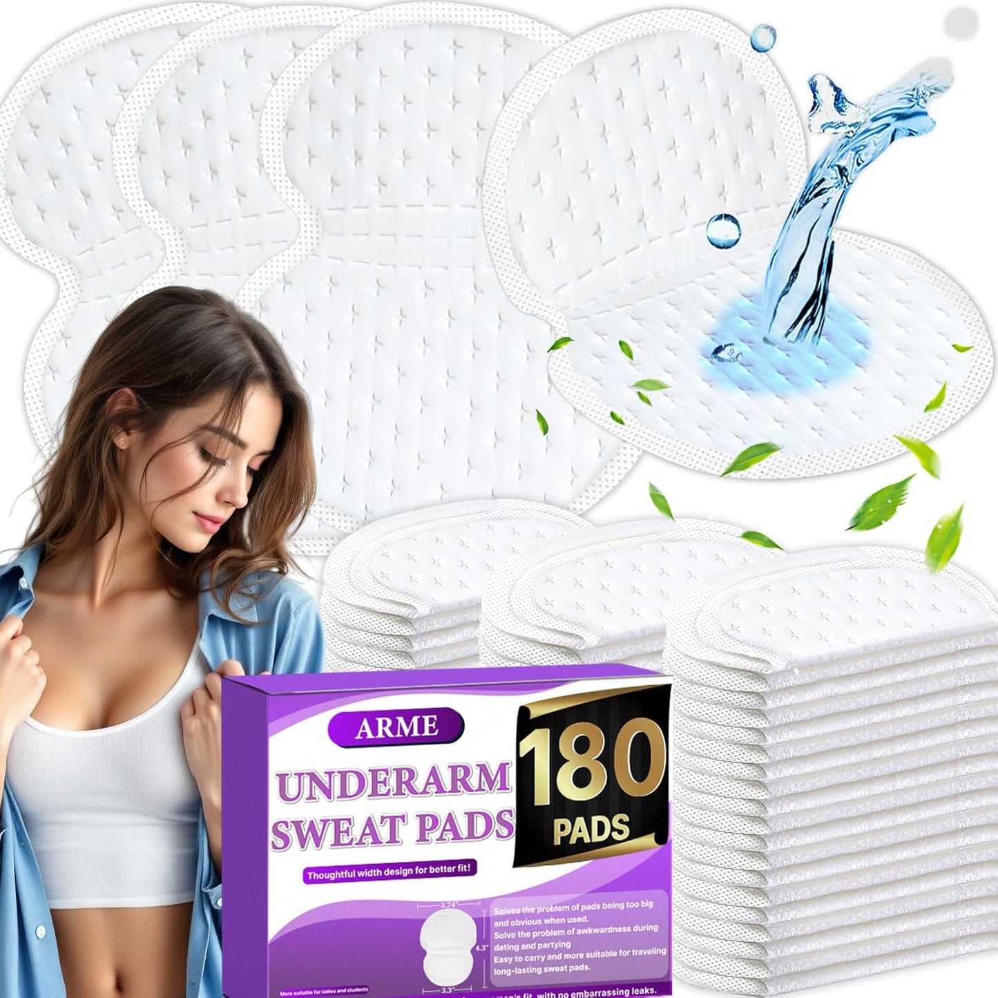 Arme 180 Pcs Armpit Sweat Pads, Underarm Sweat Pads for Women, Disposable Antiperspirant Sweat Pads for Under Arms, Arm Pit Sweat Guards, Invisible Sweat Free Armpit Protection for Hyperhidrosis