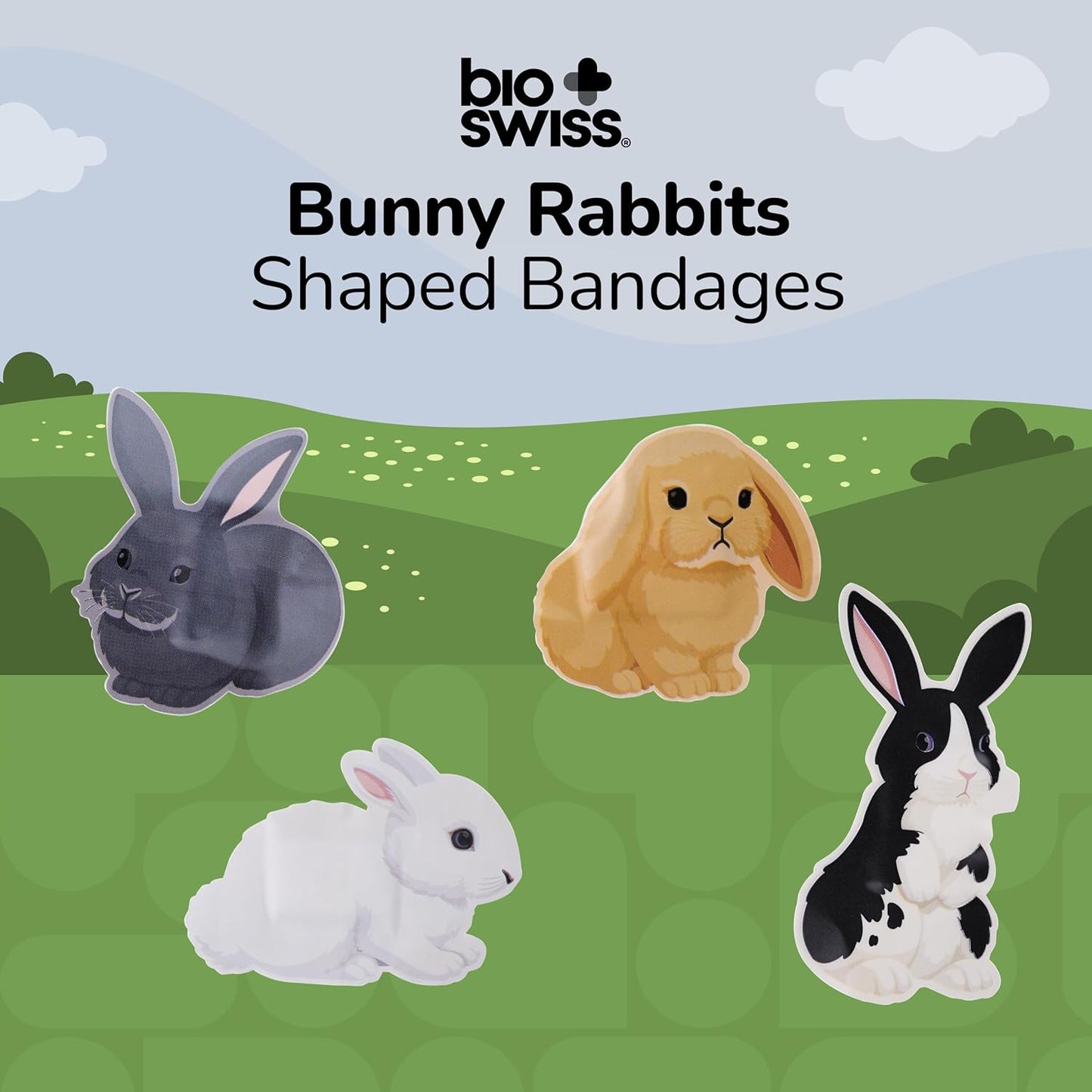 BioSwiss Kids Bandages, Bunny Rabbits Shaped Self Adhesive Bandage Set, Latex Free, Sterile Wound Care, 24 Count