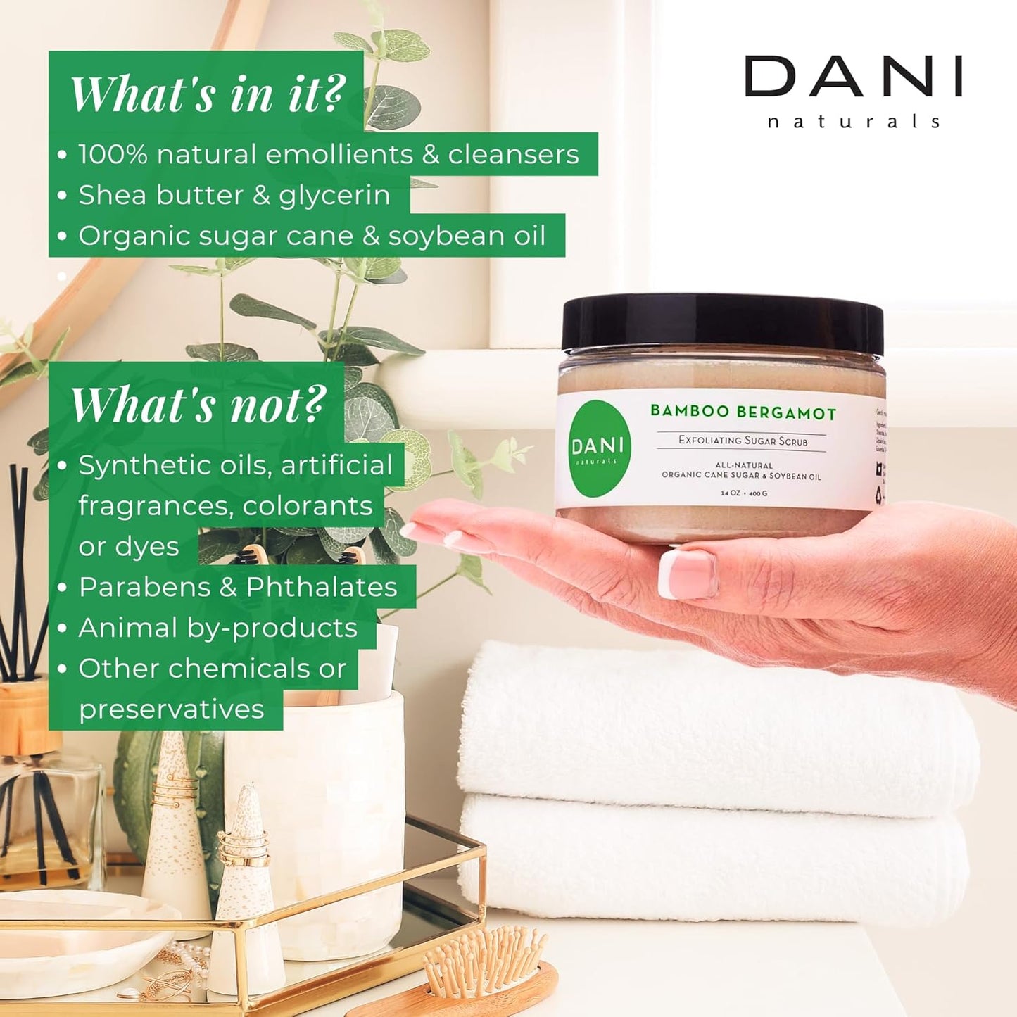 DANI Naturals Sugar Scrub - Exfoliating Bamboo Bergamot – Organic cane sugar and shea butter gently exfoliate and nourish skin, leaving it smooth, refreshed, and hydrated – 14 oz