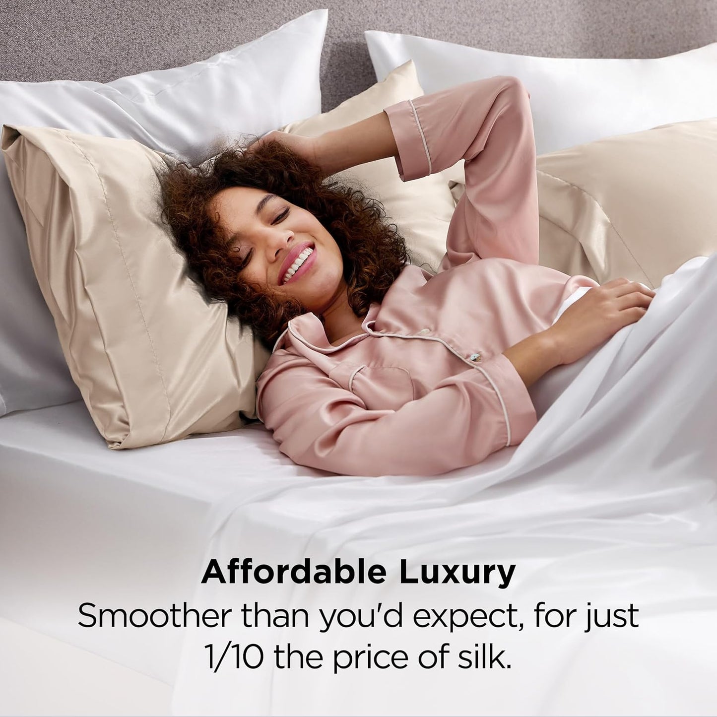 Bedsure Satin Pillowcase 2 Pack Similar to Silk Pillow Cases Standard Size, Pillow Case for Sleeping Women with Envelope Closure, Gifts for Women Men, Beige, 20x26 Inches, 2pcs