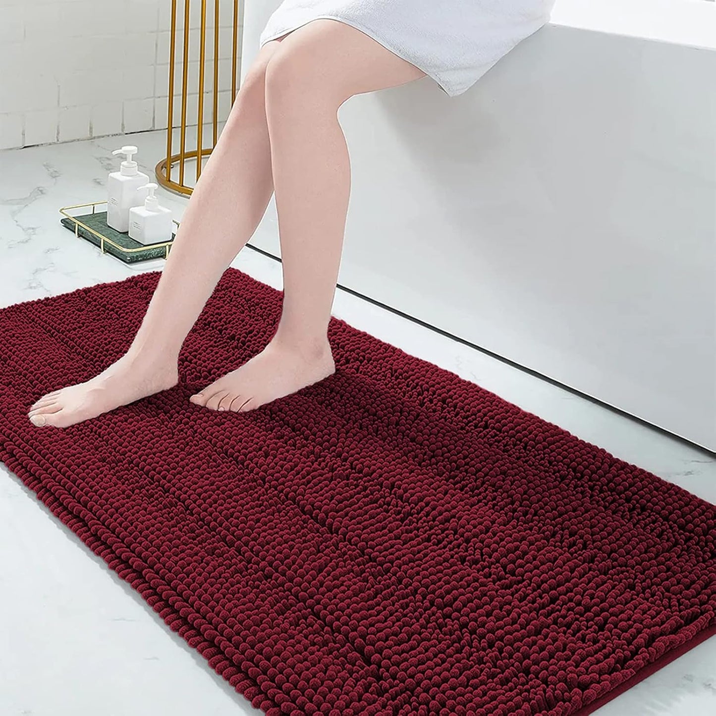 Grandaily Chenille Striped Bathroom Rugs 59x24, Extra Thick and Absorbent Bath Mats, Non-Slip Soft Plush Shaggy Shower Carpet, Machine Wash Dry, Bath Rug for Bathroom, Burgundy