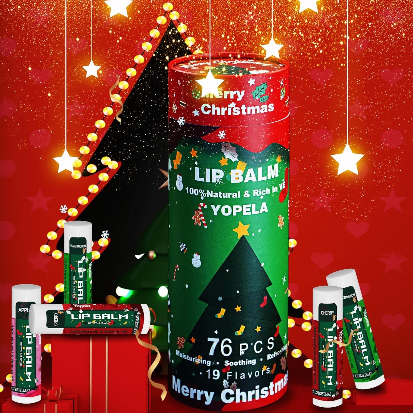 Yopela 76 Pack Christmas Natural Lip Balm Bulk with Vitamin E and Coconut Oil Lip Care Set - Moisturizing, Soothing, and Repairing Dry and Chapped Lips - 19 Flavors - Non-GMO