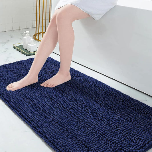 Grandaily Chenille Striped Bathroom Rugs 70x24, Extra Thick and Absorbent Bath Mats, Non-Slip Soft Plush Shaggy Shower Carpet, Machine Wash Dry, Bath Rug for Bathroom, Navy