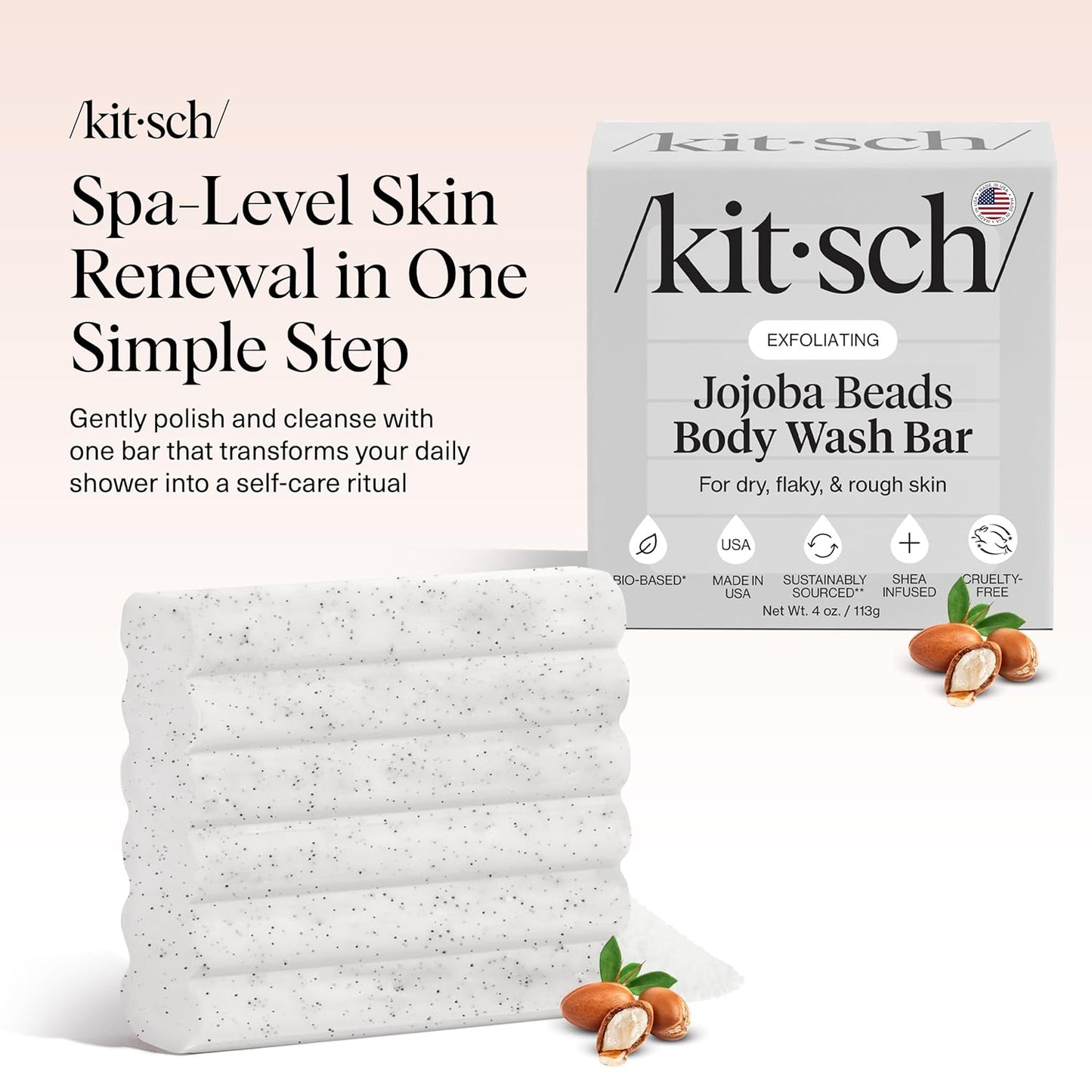 Kitsch Jojoba Beads Exfoliating Body Wash Bar – Nourishing Bar Soap with Shea Butter & Aloe for Dry, Flaky Skin – Soap bar & Body Scrub for Smooth, Refreshed Skin – Rosemary & Cedarwood Scent - 4 oz